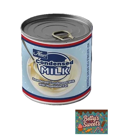 Can of Henro Condensed Milk with a smaller inset of 'Betty's Sweets' logo.