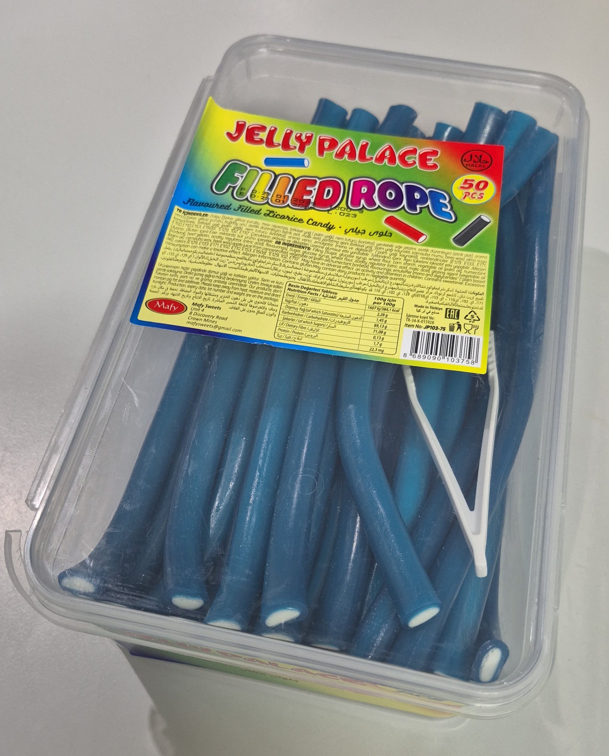 JELLY PALACE FILLED ROPE FLAVOURED LICORICE BLUE (50 Pcs) – Bettys Sweets